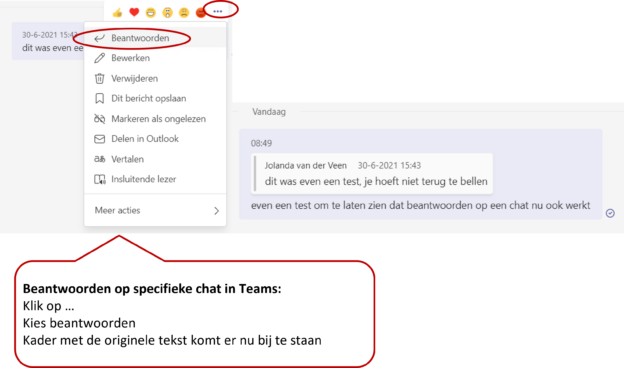 Beantwoorden op een specifieke chat in Teams